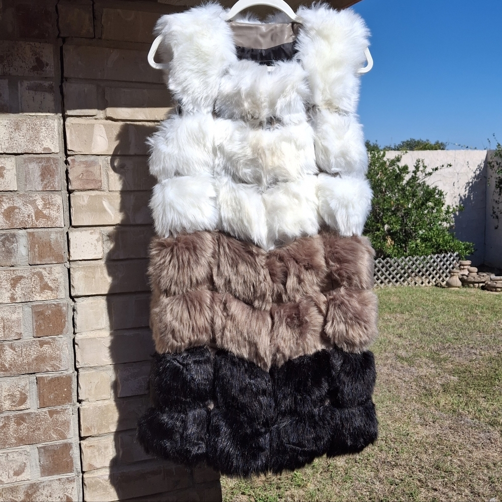 Faux-Fur Vest Multicolor Patchwork  Faux-Leather Panel Women Size Medium - Picture 4 of 16